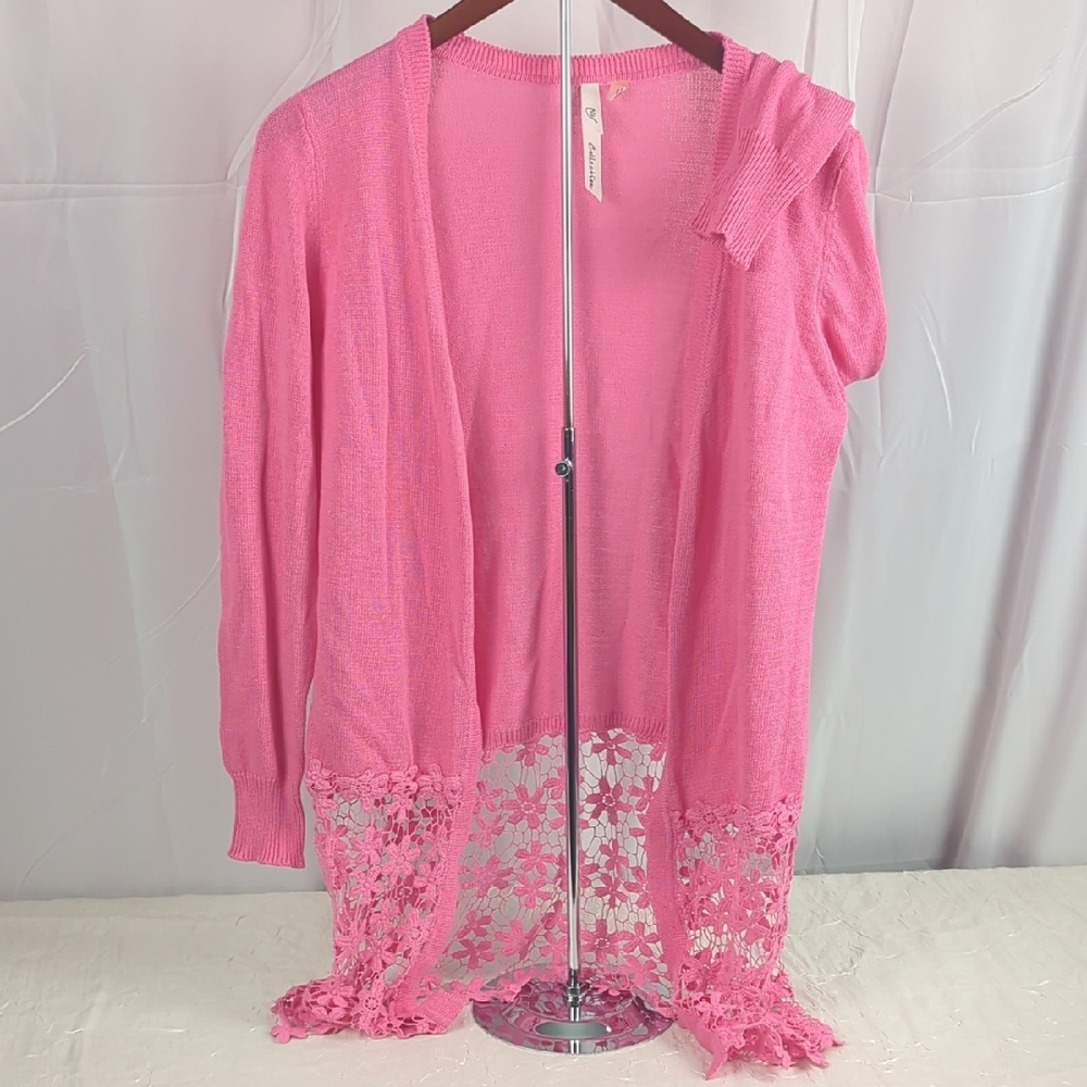 NY Collection Pink Open-Front Lace Hem Cardigan